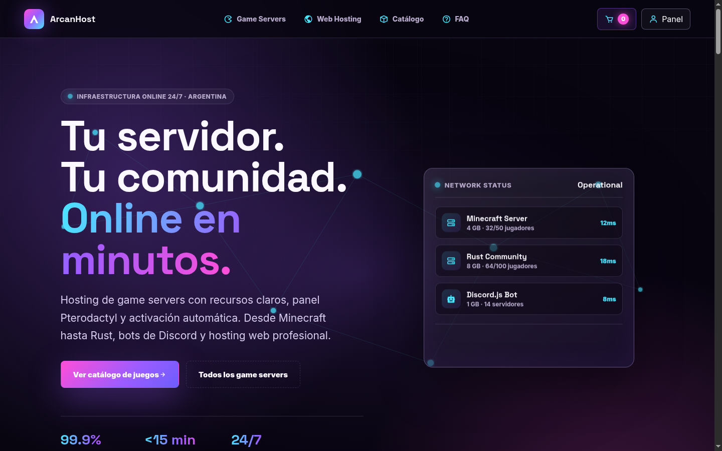 Sitio de ArcanHost con game servers activos